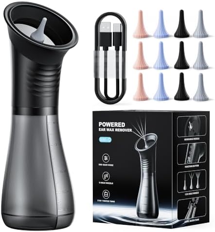 Ear Wax Removal with LED Display, Temodu Electric Ear Cleaner, Rechargeable Earwax Remove Removal Ear Irrigation System, 3 Pressure Modes Ear Cleaning Earwax Removal (Black, 12 Disposable Tips)