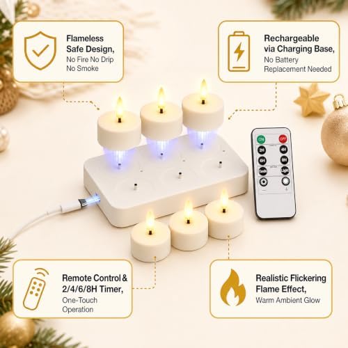 Rechargeable Flameless Tea Lights Candles with Remote & Timer