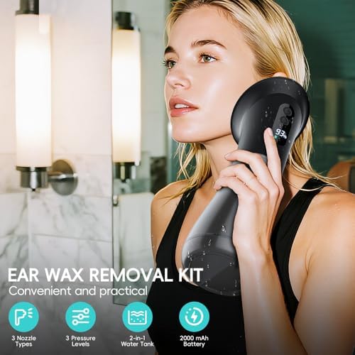 Ear Wax Removal with LED Display, Temodu Electric Ear Cleaner, Rechargeable Earwax Remove Removal Ear Irrigation System, 3 Pressure Modes Ear Cleaning Earwax Removal (Black, 12 Disposable Tips)