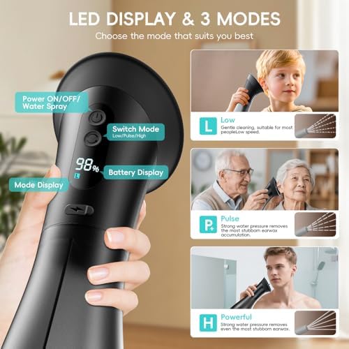 Ear Wax Removal with LED Display, Temodu Electric Ear Cleaner, Rechargeable Earwax Remove Removal Ear Irrigation System, 3 Pressure Modes Ear Cleaning Earwax Removal (Black, 12 Disposable Tips)